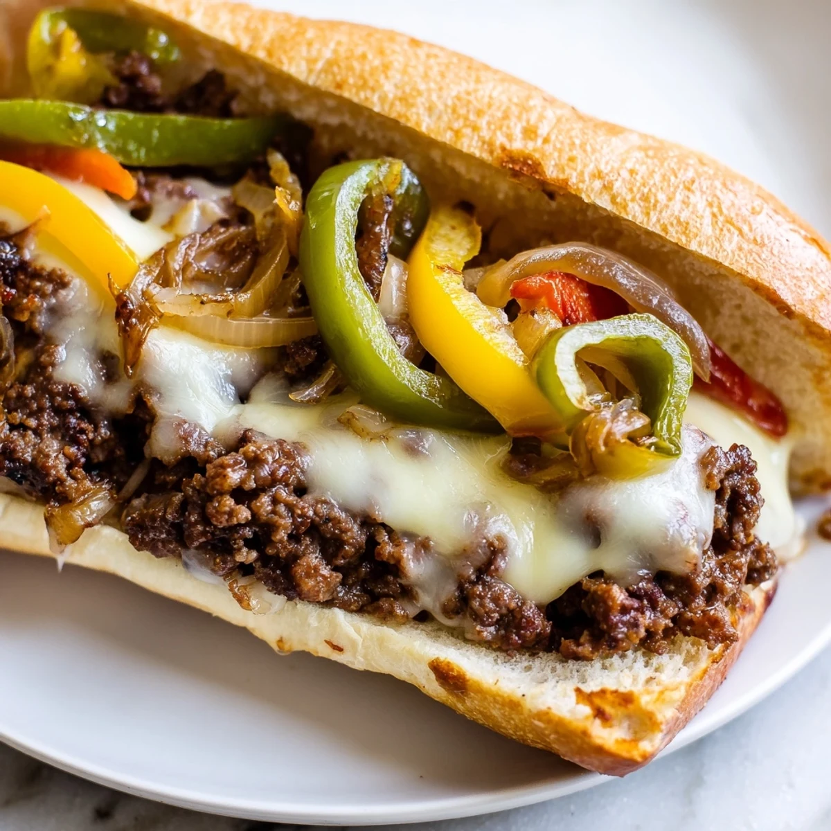Hearty ground beef Philly cheesesteak sandwich piled with sautéed peppers and onions on buttery bread