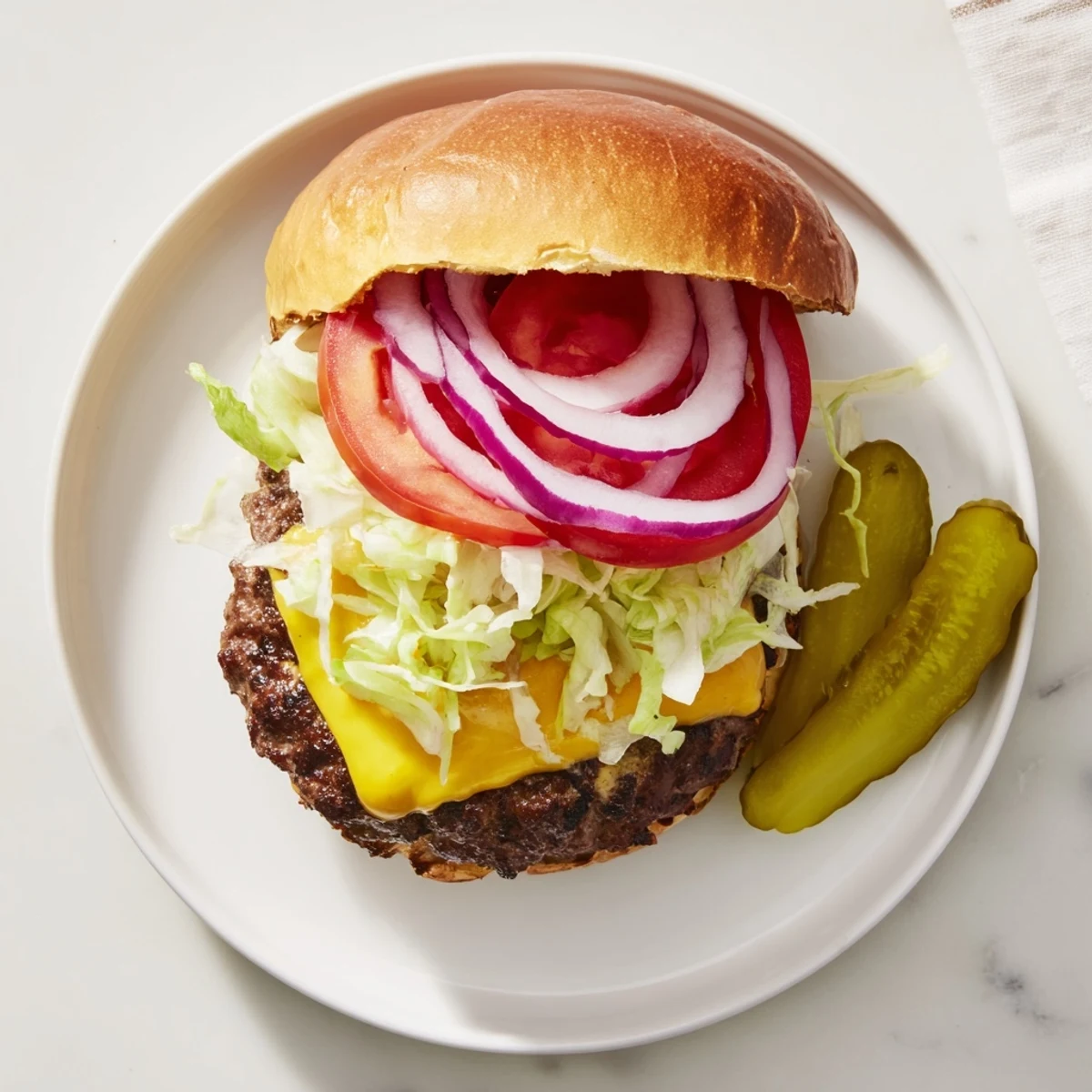 Golden crispy smash burger with melted cheese on toasted brioche bun