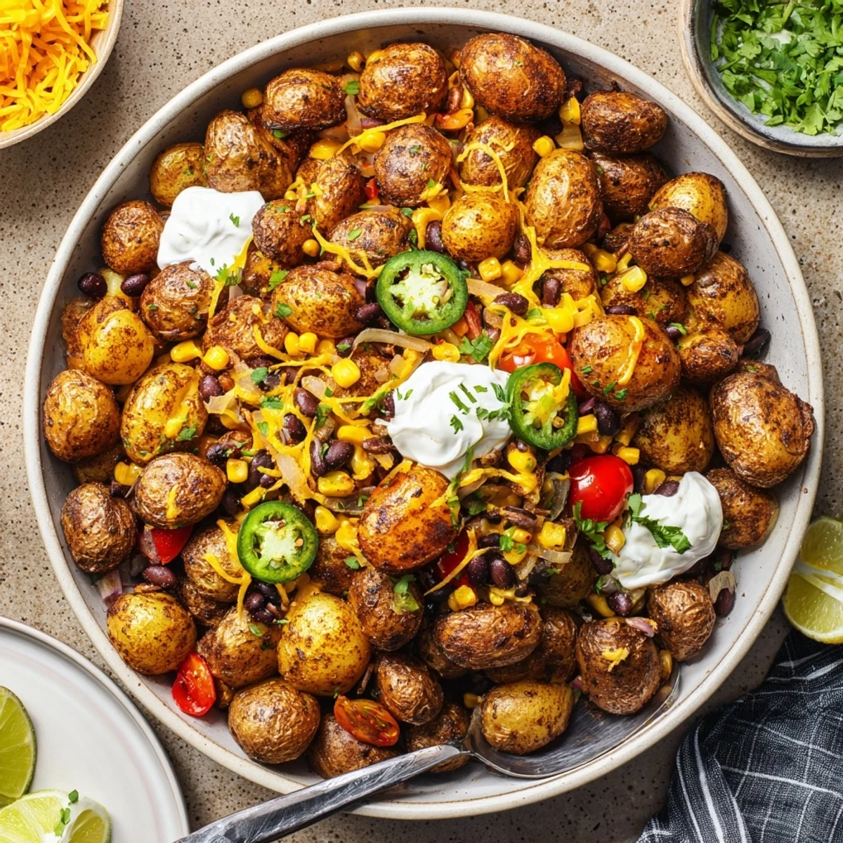 Golden roasted Loaded Fiesta Potato Bowls piled with melted cheese, black beans, and fresh colorful toppings