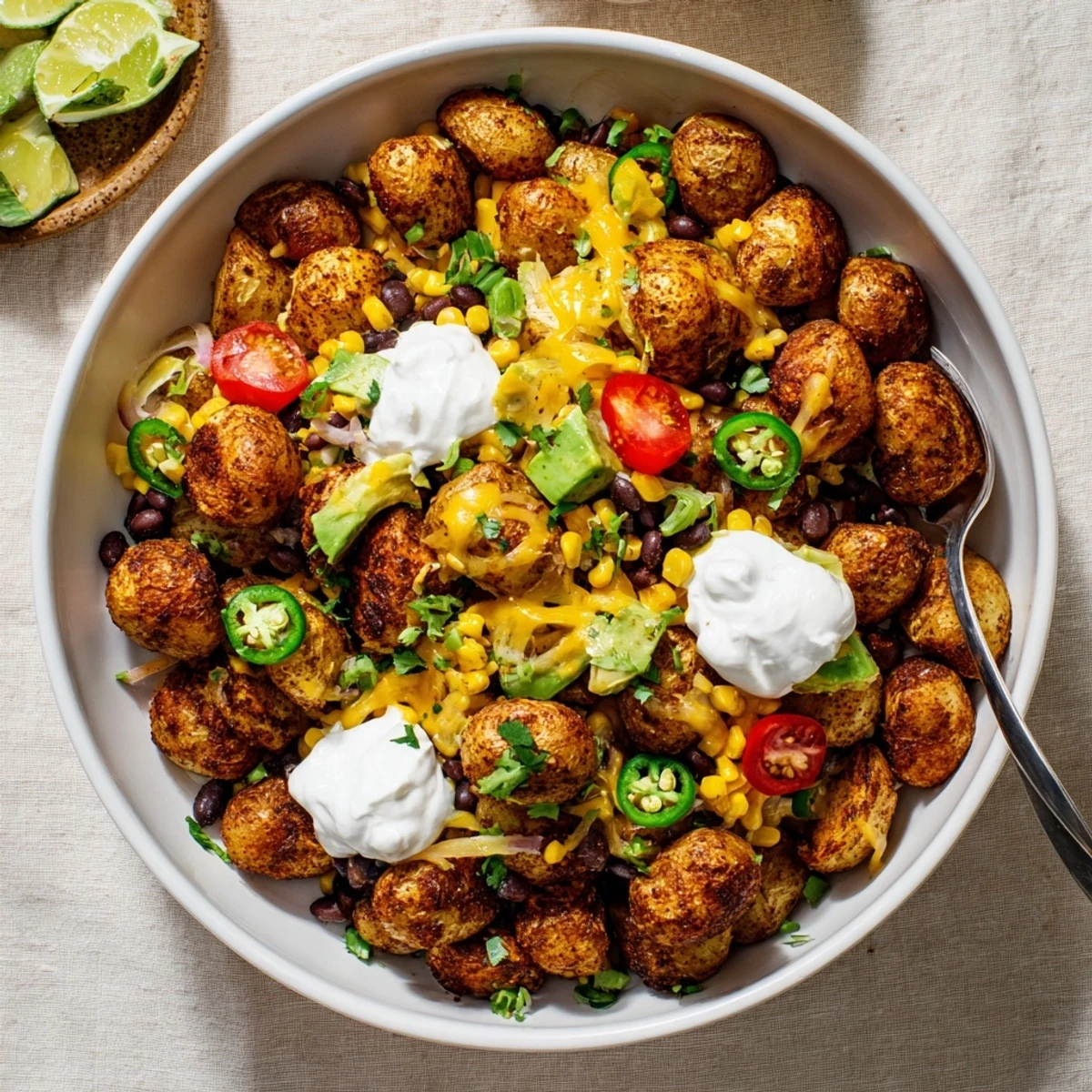 Crispy spiced potatoes topped with Tex-Mex ingredients in this hearty Loaded Fiesta Potato Bowls dinner