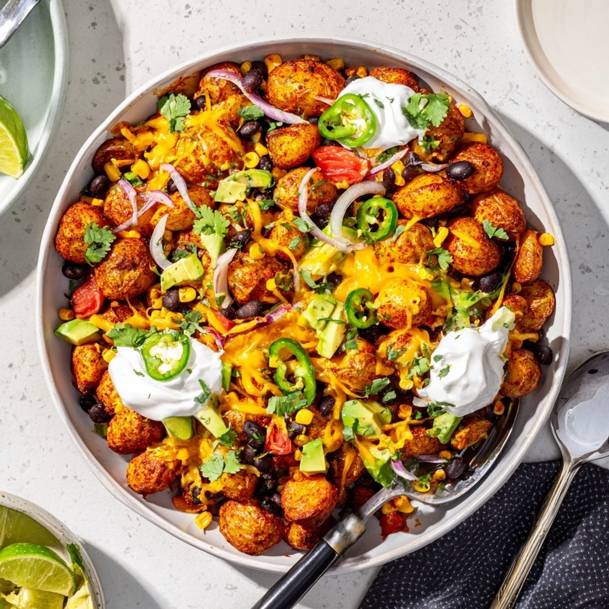 Vegetarian Loaded Fiesta Potato Bowls featuring avocado, corn, tomatoes, and creamy sour cream garnish