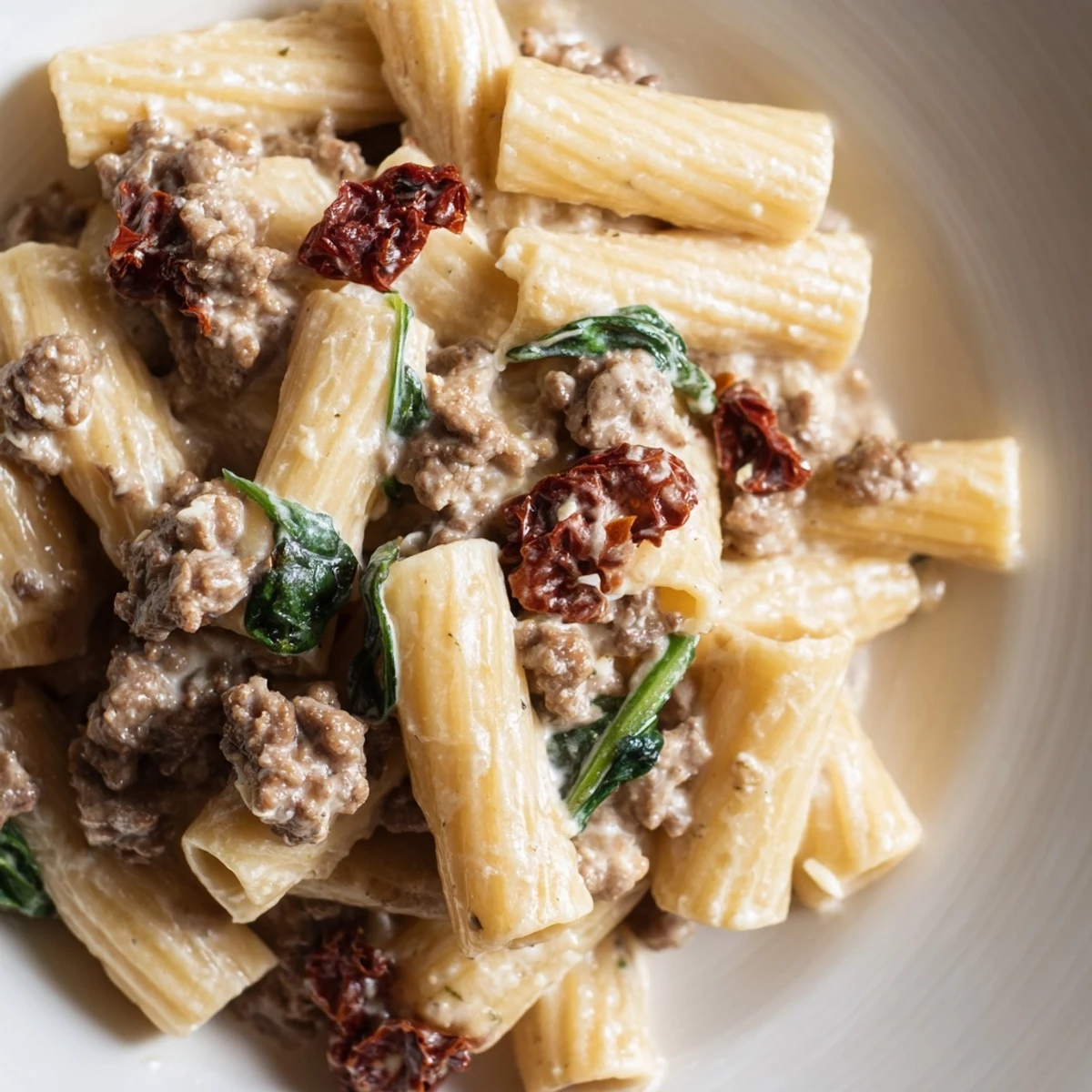 Golden brown ground beef penne pasta in rich cream sauce topped with grated parmesan cheese