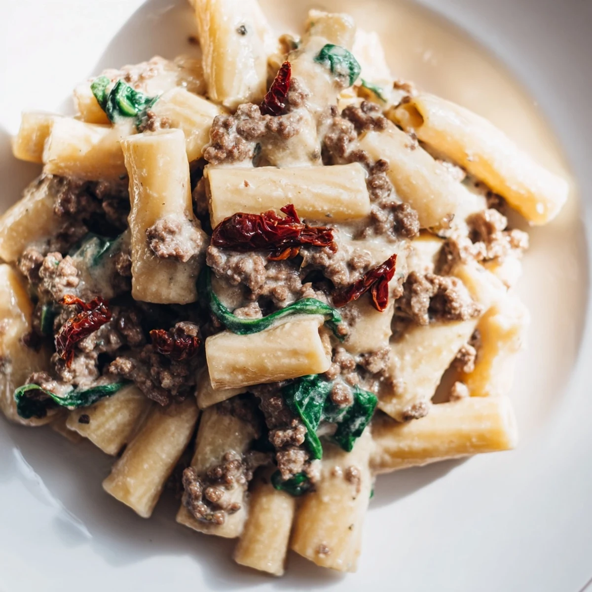 Hearty bowl of Marry Me pasta featuring tender beef and spinach in silky white sauce