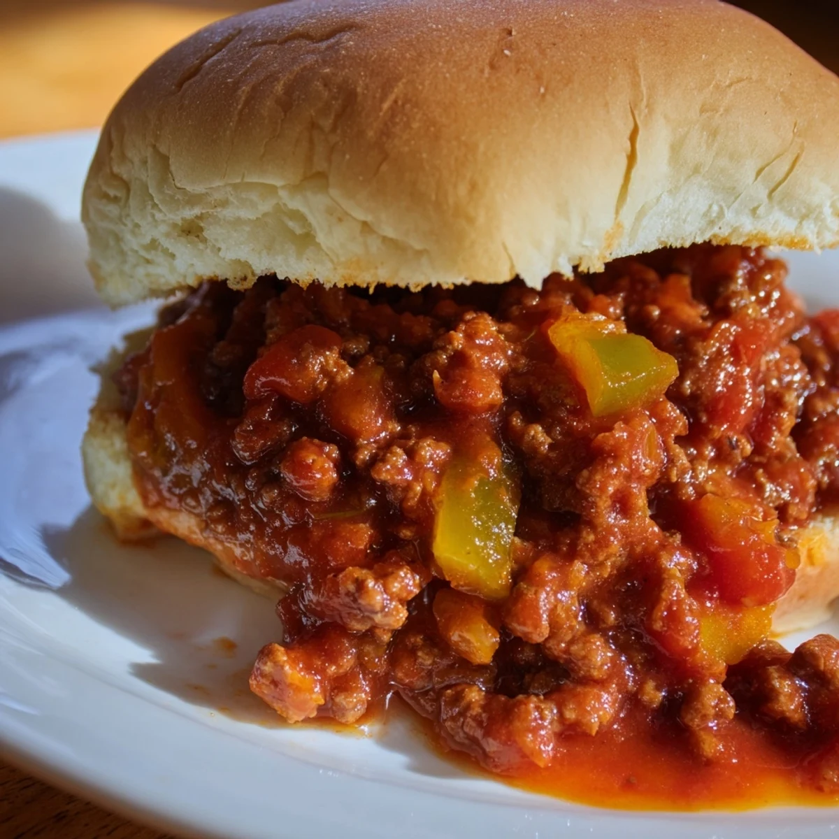 Golden brown ground beef sloppy joes piled high on toasted hamburger buns with rich tomato sauce