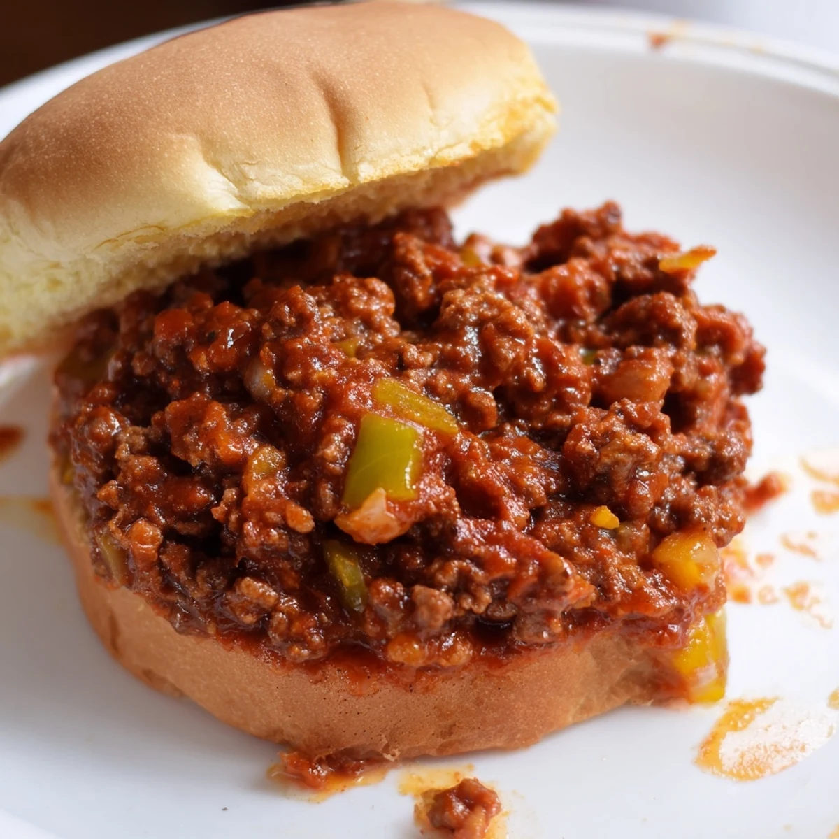 Homemade sloppy joes sandwich with savory meat sauce spilling over the sides of a soft bun