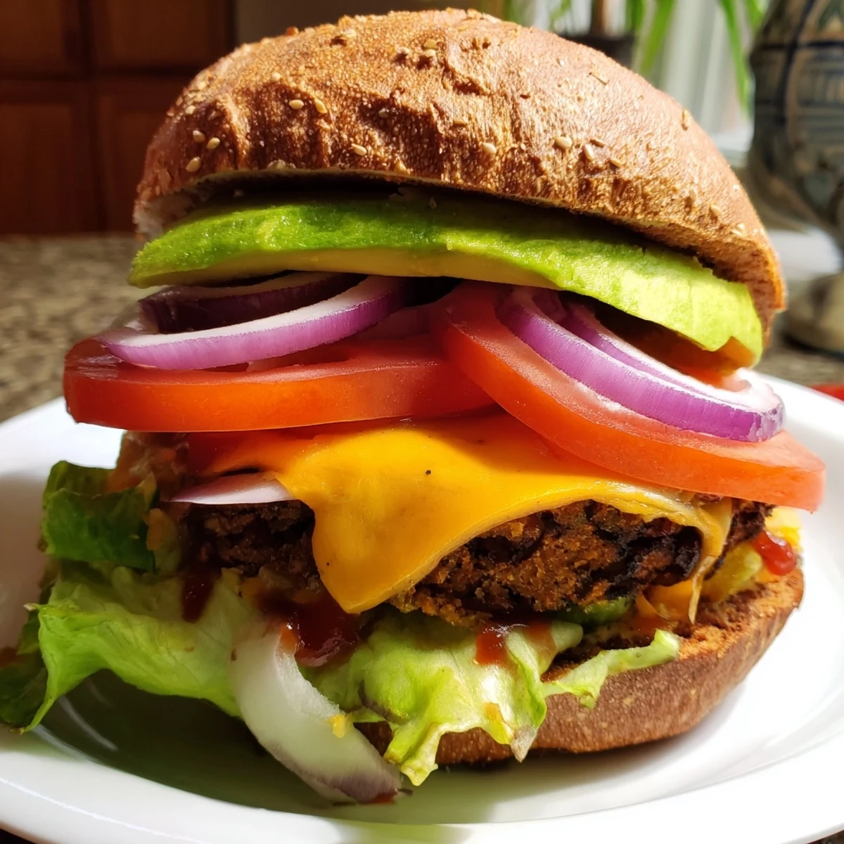 Hearty black bean burger stacked with fresh avocado, tomato, and melted cheddar on toasted bun
