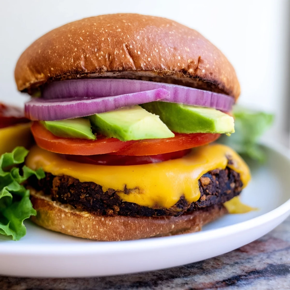 Golden black bean burger patty topped with crisp lettuce, onion slices, and creamy mayo