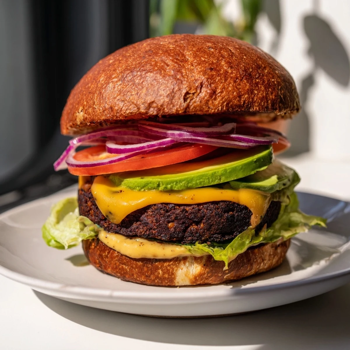 Homemade black bean burger served on sesame bun with ripe tomato and red onion rings