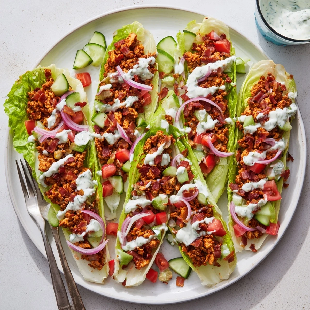 Crispy chicken, beef, and bacon lettuce wraps drizzled with creamy ranch dressing and fresh vegetables