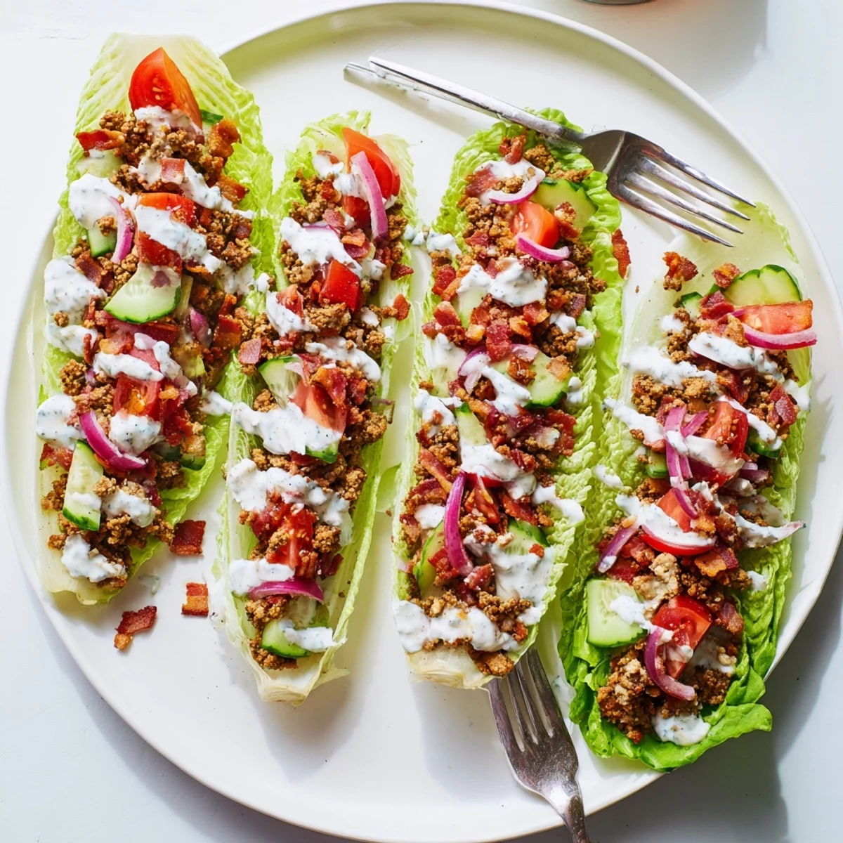 Protein-packed low-carb lettuce wraps featuring seasoned chicken, beef, and bacon topped with ranch and veggies