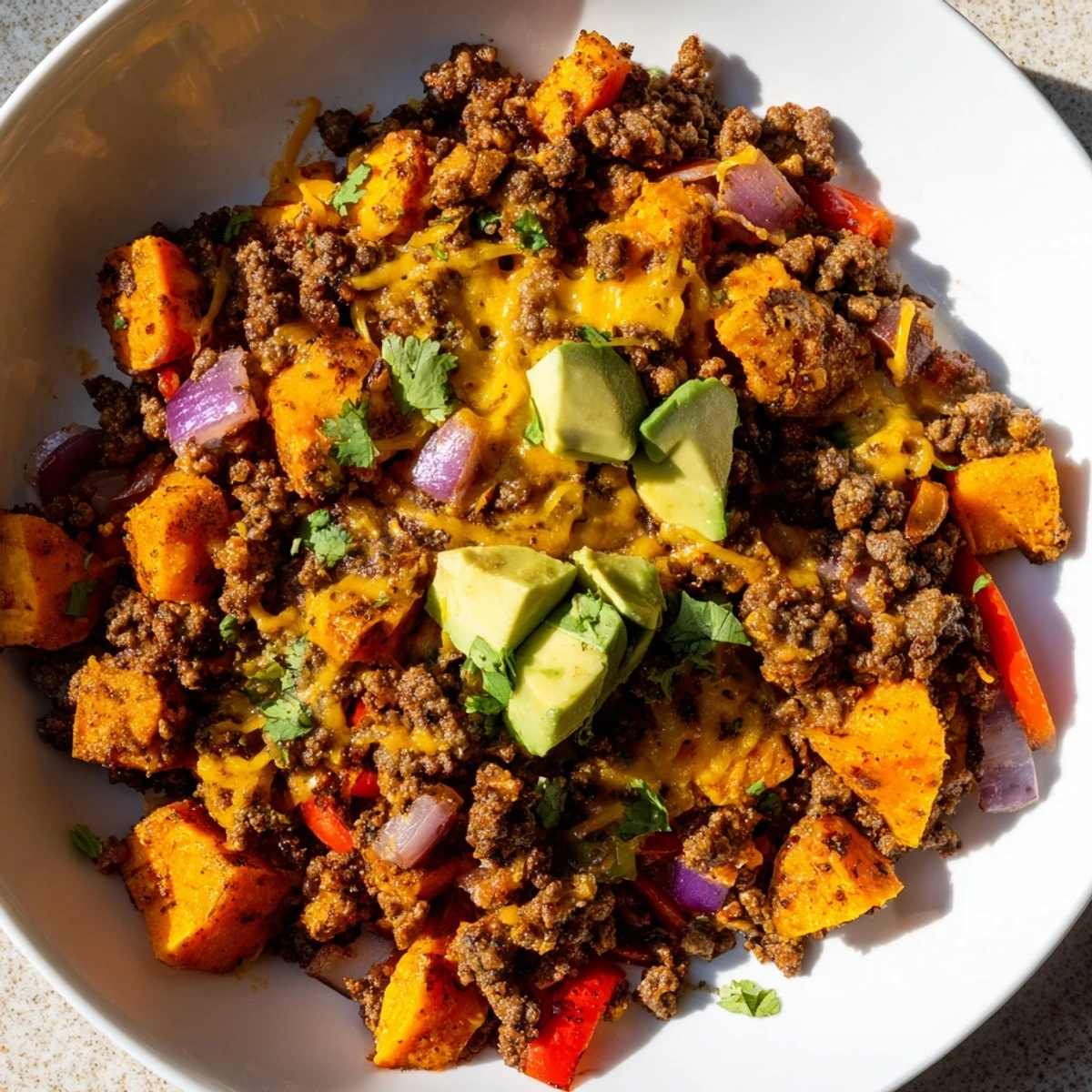 Golden Southwest ground beef and sweet potato skillet topped with fresh cilantro and creamy avocado slices