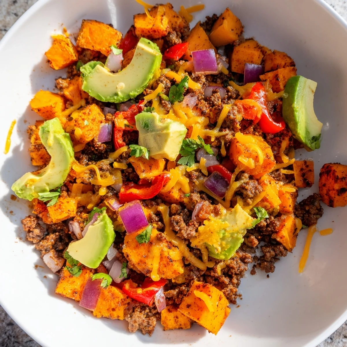 Hearty one-pan Southwest ground beef and sweet potato skillet featuring tender vegetables and bold spices