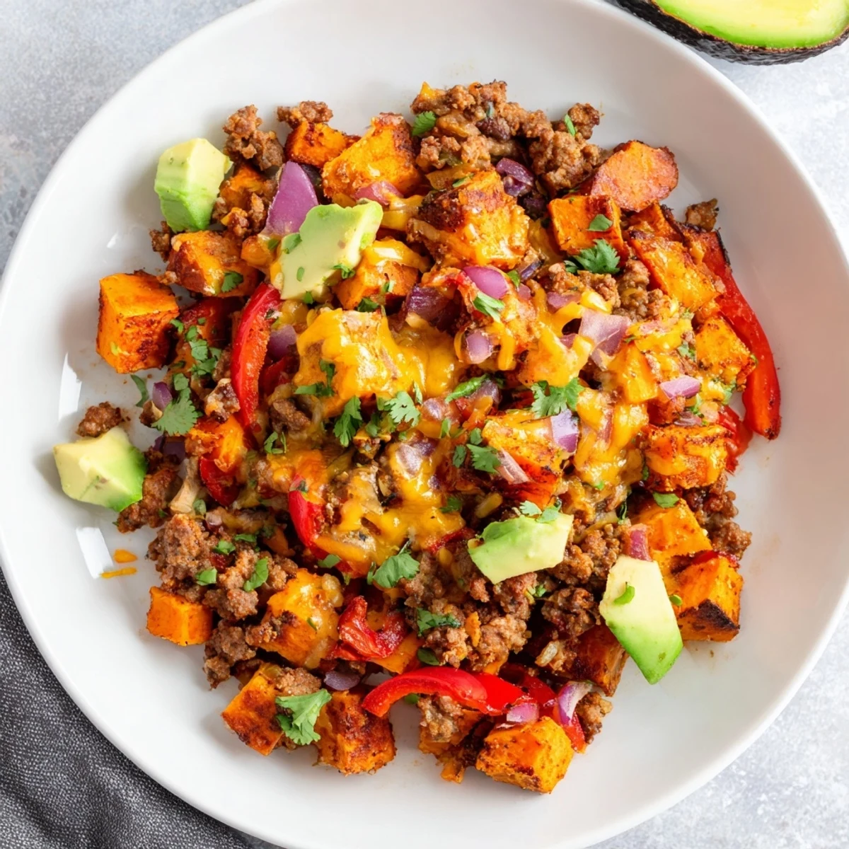 Colorful cast iron Southwest ground beef and sweet potato skillet ready for a wholesome family dinner