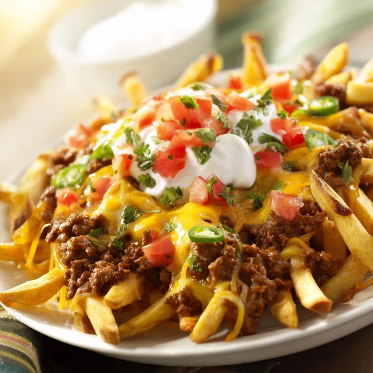 Golden crispy fries layered with seasoned taco beef, melted cheddar, Monterey Jack, fresh pico de gallo, and zesty jalapeños.