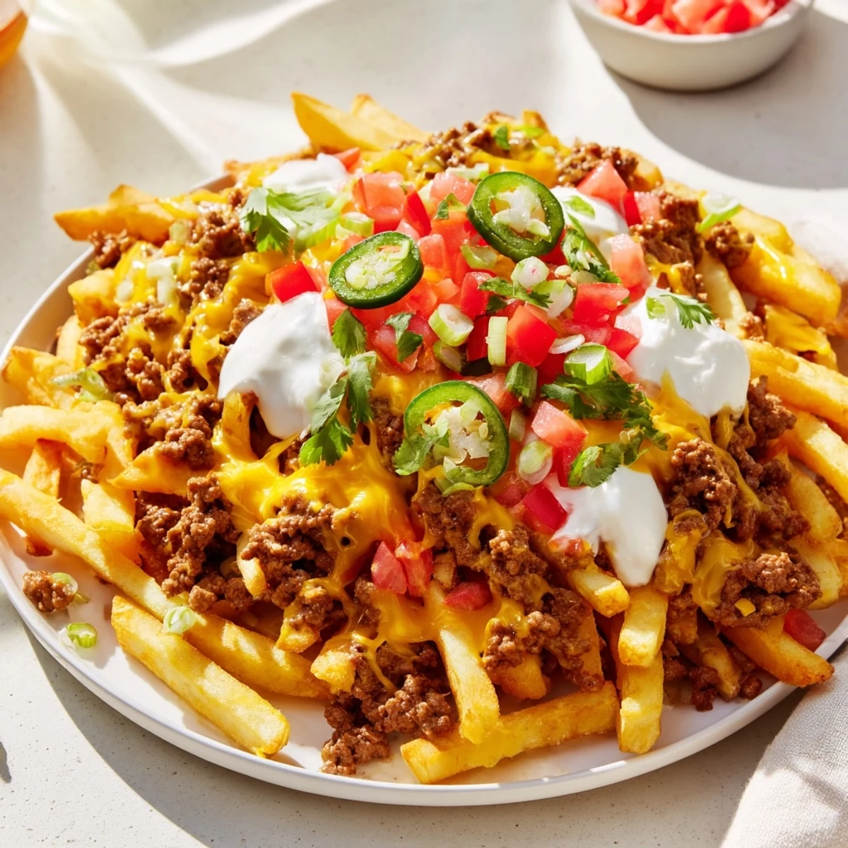 Loaded taco beef fries smothered in two-cheese blend, topped with diced tomatoes, cilantro, sour cream, and crisp green onions.