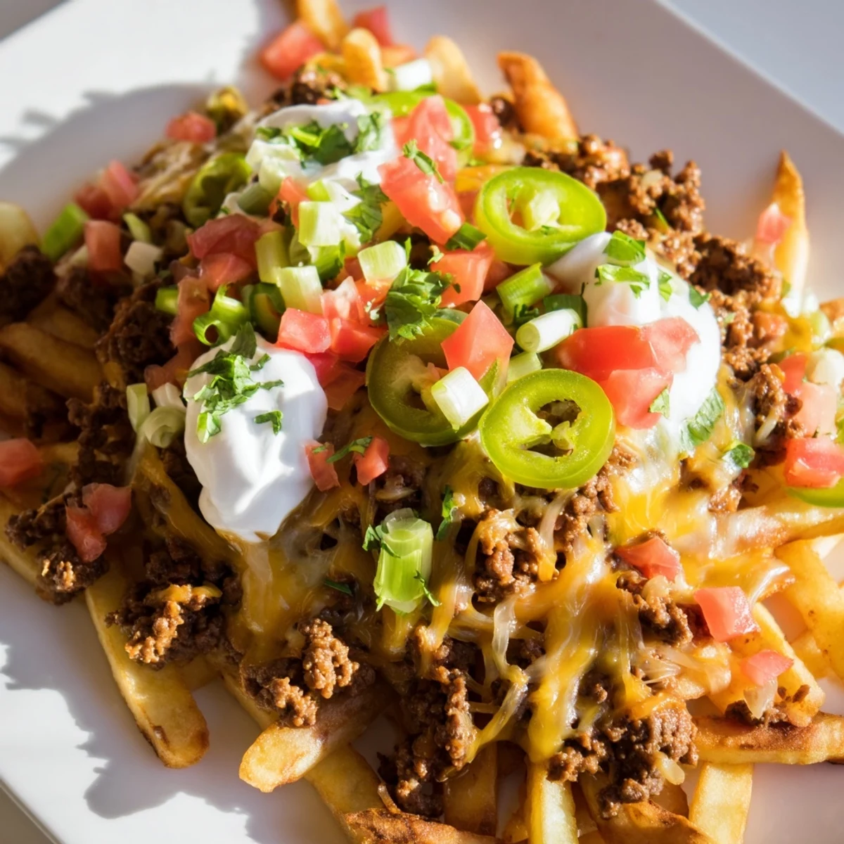 Baked French fries piled high with spiced ground beef, gooey melted cheese, guacamole, and colorful Mexican-inspired garnishes.