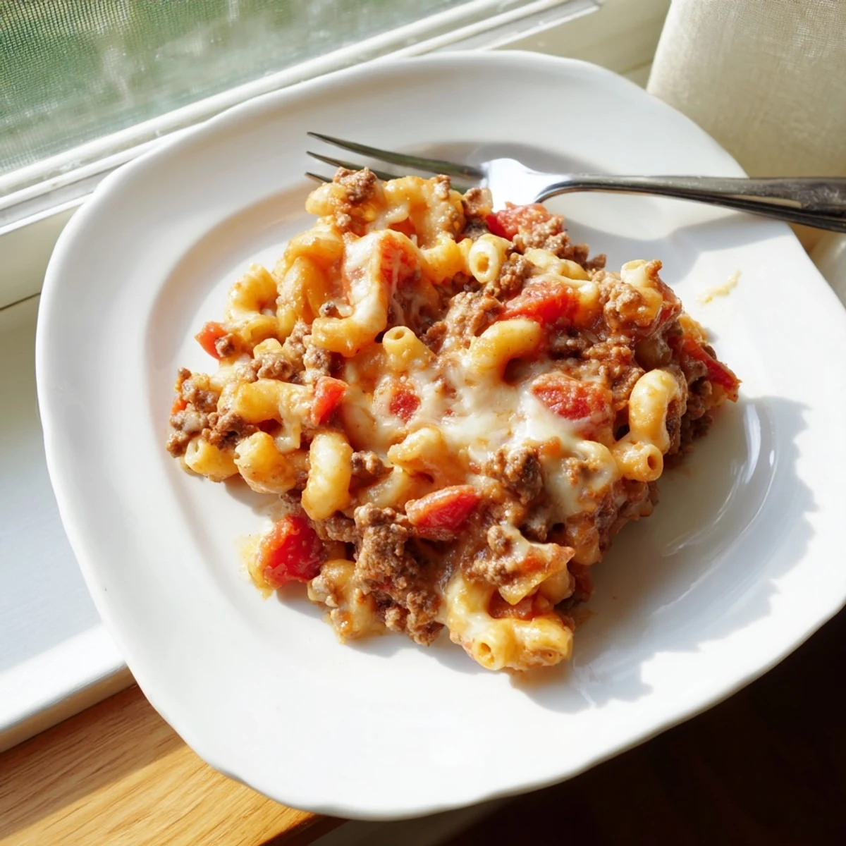 Golden cheesy garlic butter beefaroni bubbling in a baking dish with melted mozzarella topping