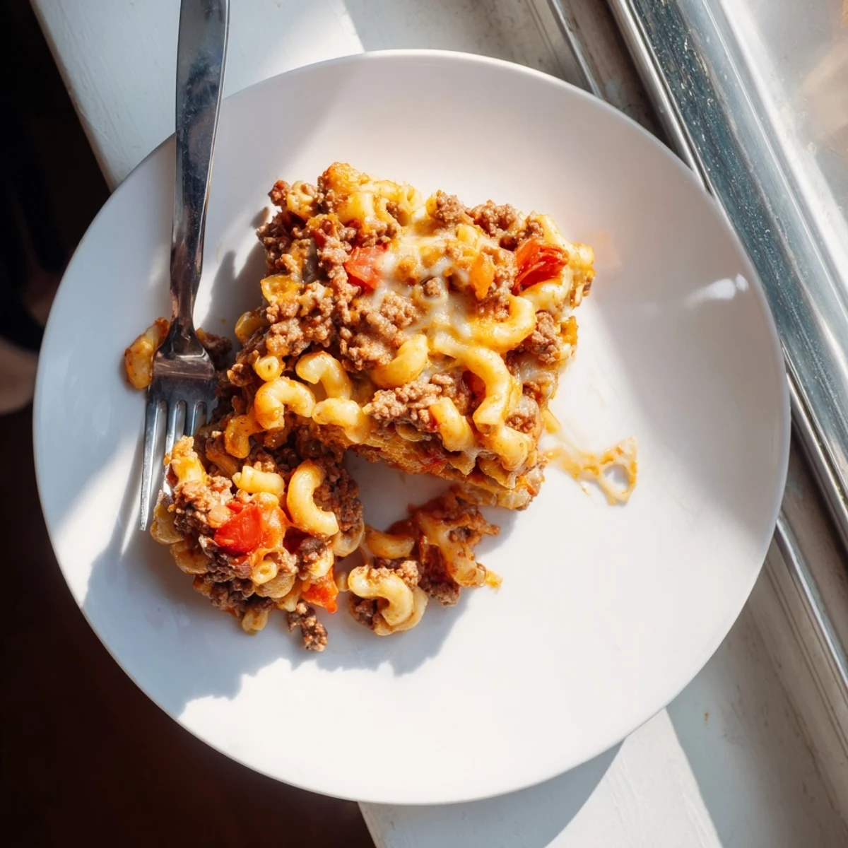 Savory ground beef and macaroni casserole baked to perfection with rich garlic butter sauce