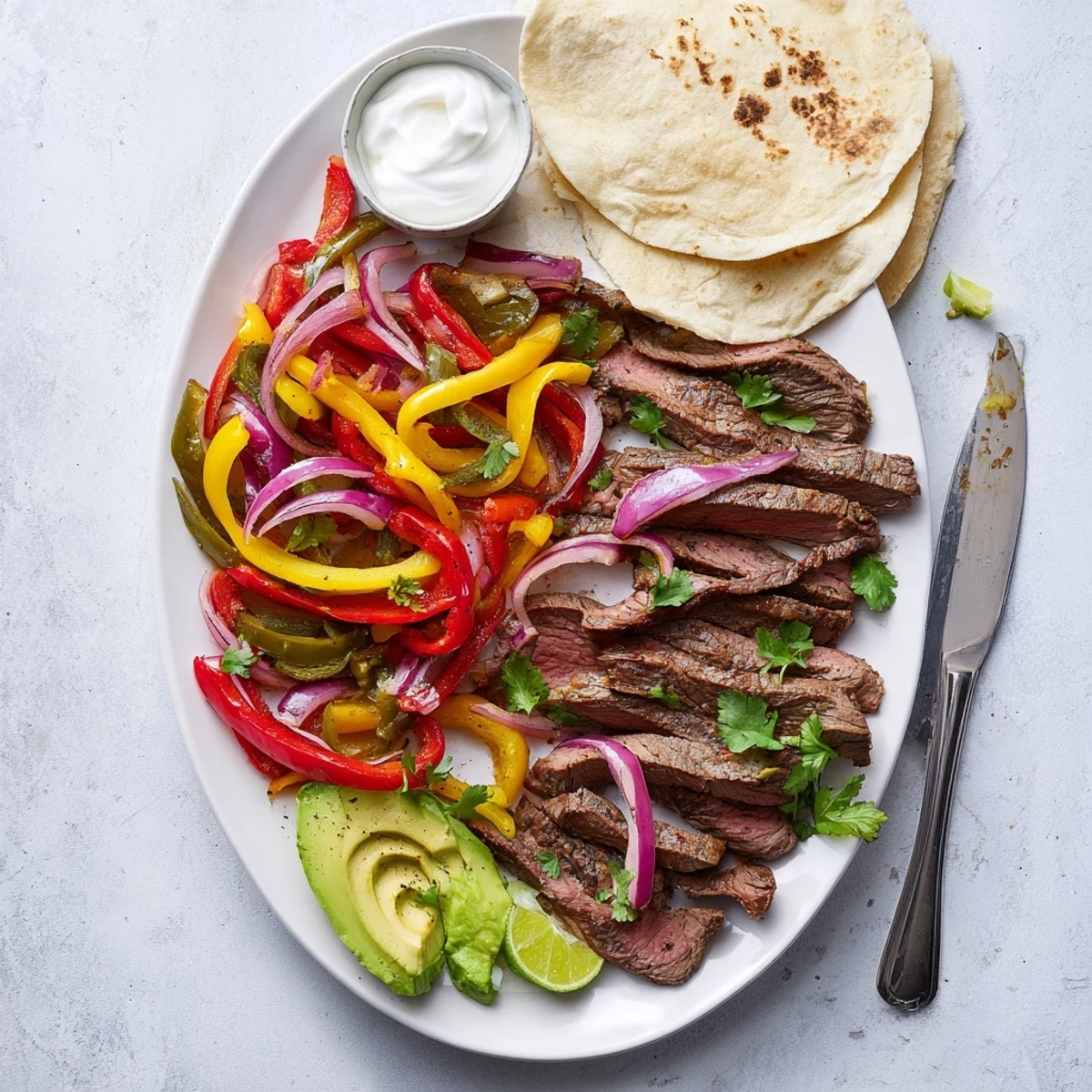 Juicy marinated steak strips arranged over sautéed bell peppers and onions on a large platter