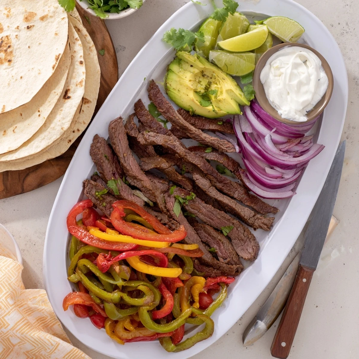 Sizzling grilled steak fajita platter with colorful peppers and onions served with warm tortillas