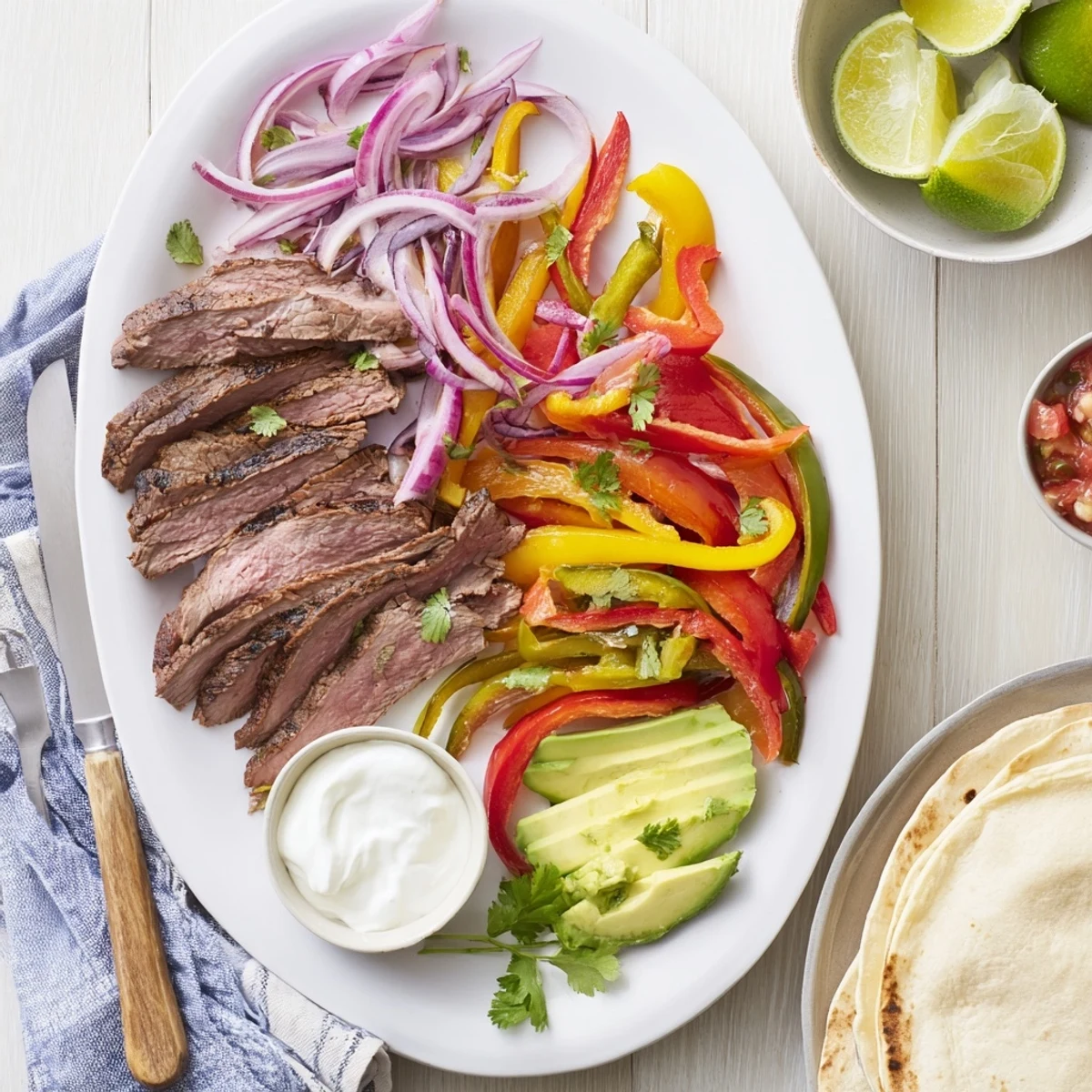Tex-Mex grilled steak fajitas with fresh toppings including avocado salsa cilantro and lime wedges