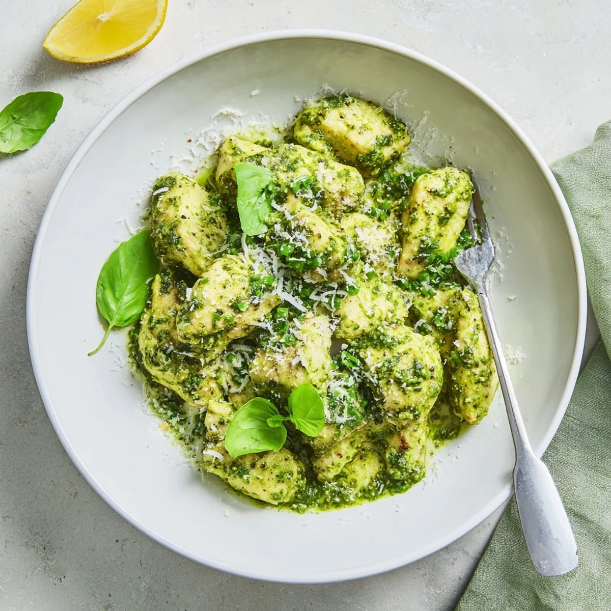 Golden baked chicken breasts topped with vibrant green lemon basil pesto sauce