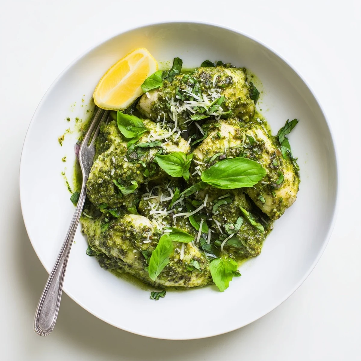 Juicy oven-roasted pesto chicken with fresh basil and bright lemon zest garnish