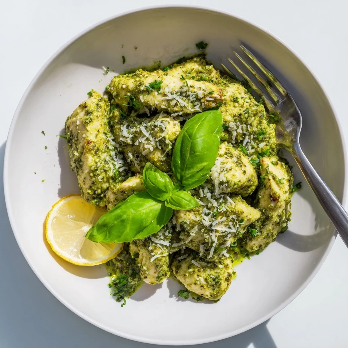 Tender lemon basil pesto chicken served with extra sauce and basil leaves