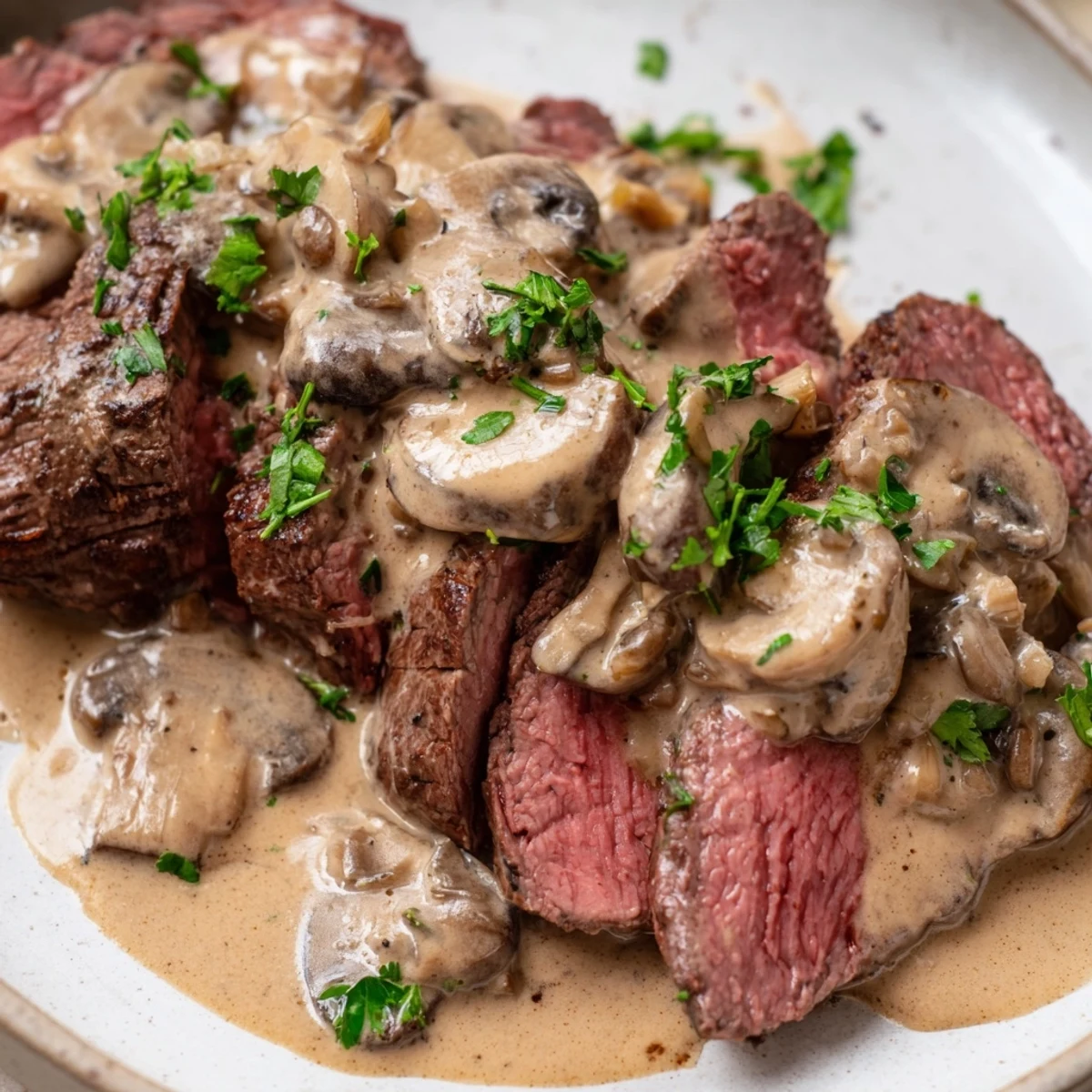 Juicy medium-rare beef tenderloin slices drizzled with velvety mushroom cream sauce and fresh parsley