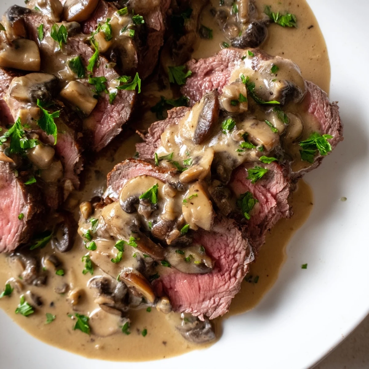 Golden seared beef tenderloin roast plated with rich white wine mushroom cream sauce for elegant dinner
