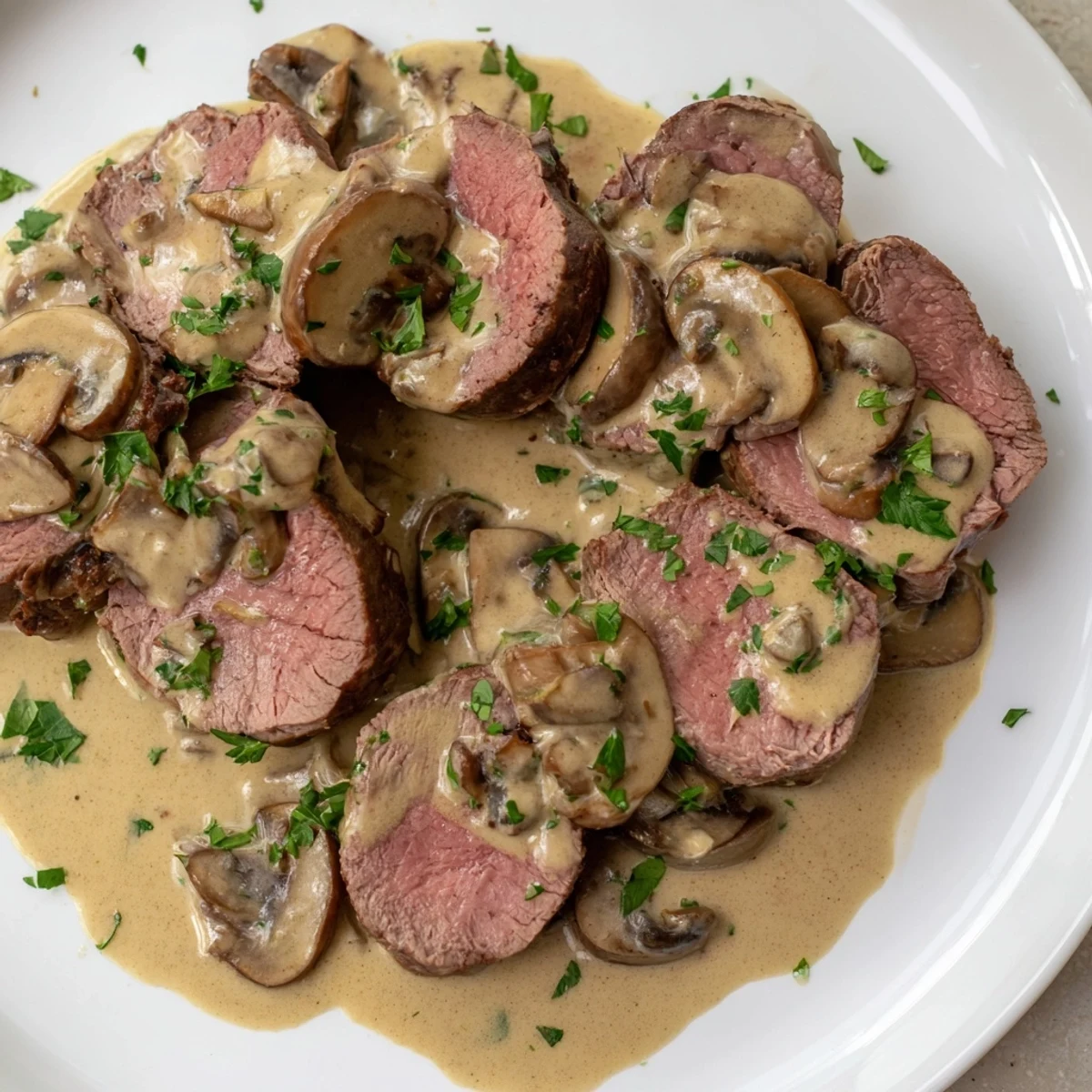 Tender roasted beef tenderloin medallions topped with luscious creamy mushroom sauce and garnished with parsley