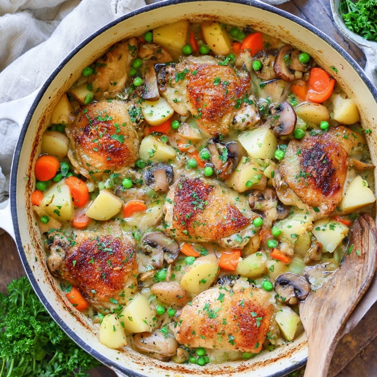 Creamy French chicken casserole served in rustic Dutch oven with fresh parsley garnish and steaming broth