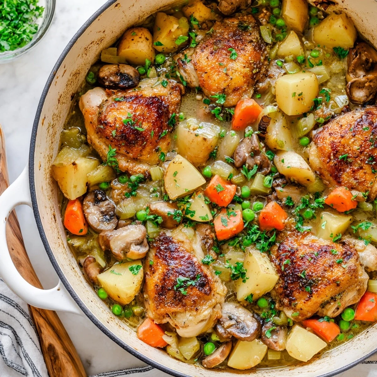 Golden chicken thighs simmered in French chicken casserole with tender root vegetables and aromatic herbs