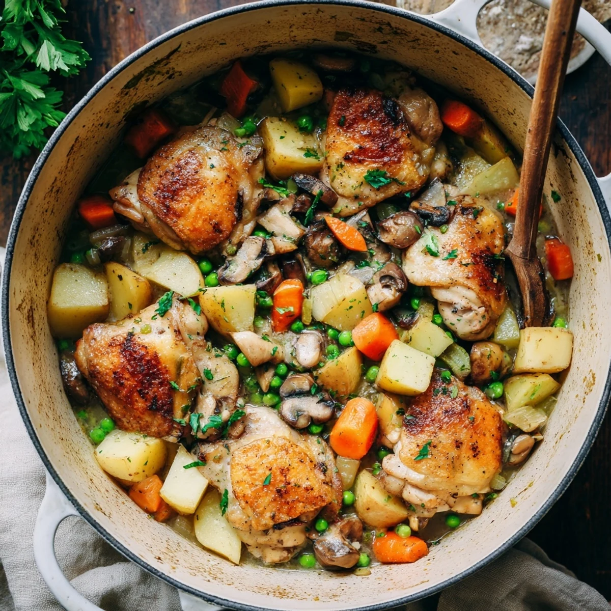 Savory French chicken casserole bubbling with white wine sauce, carrots, celery, and peas for comforting dinner
