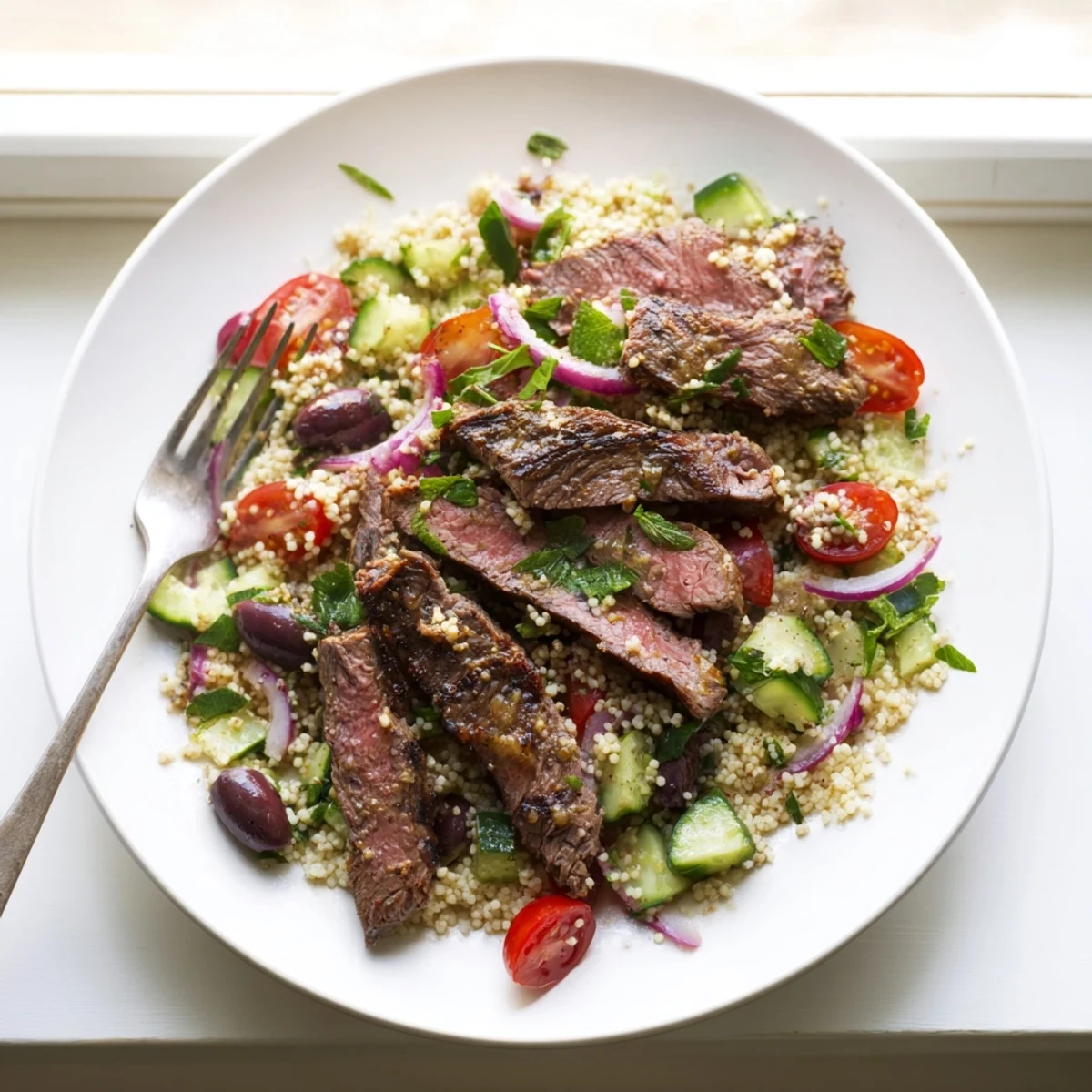 Mediterranean-style grilled skirt steak couscous salad topped with mint, parsley, and crisp vegetables for a light dinner