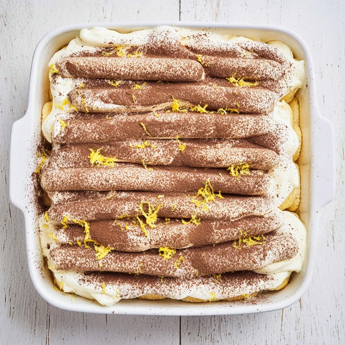 Golden Earl Grey tiramisu layered with tea-soaked ladyfingers and dusted with rich cocoa powder
