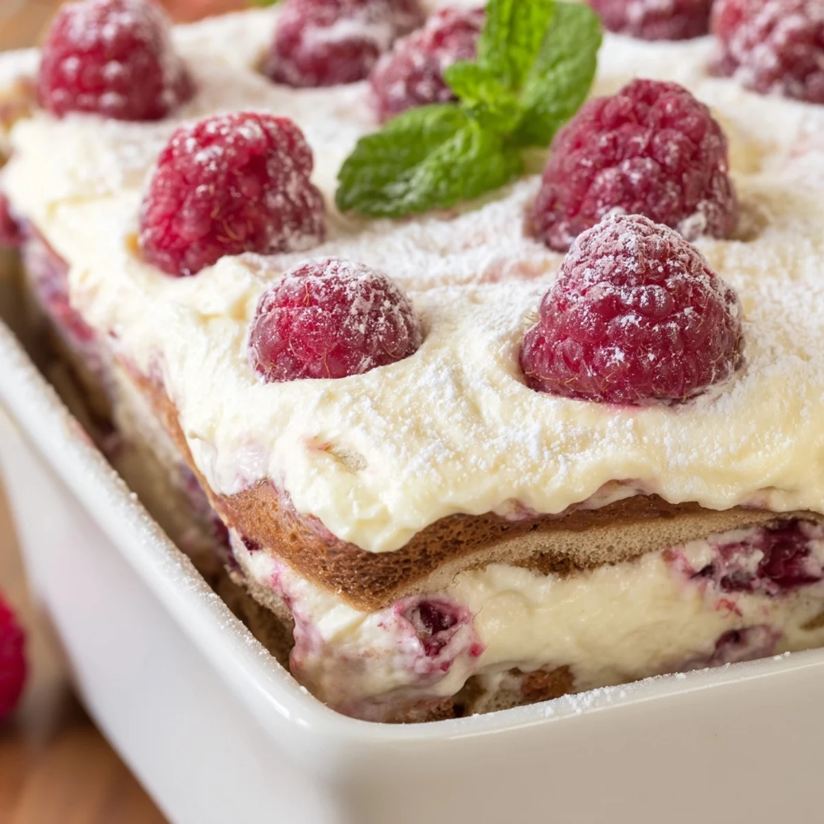 Square serving dish of raspberry tiramisu showing white cream layers and bright red raspberries dusted with powdered sugar