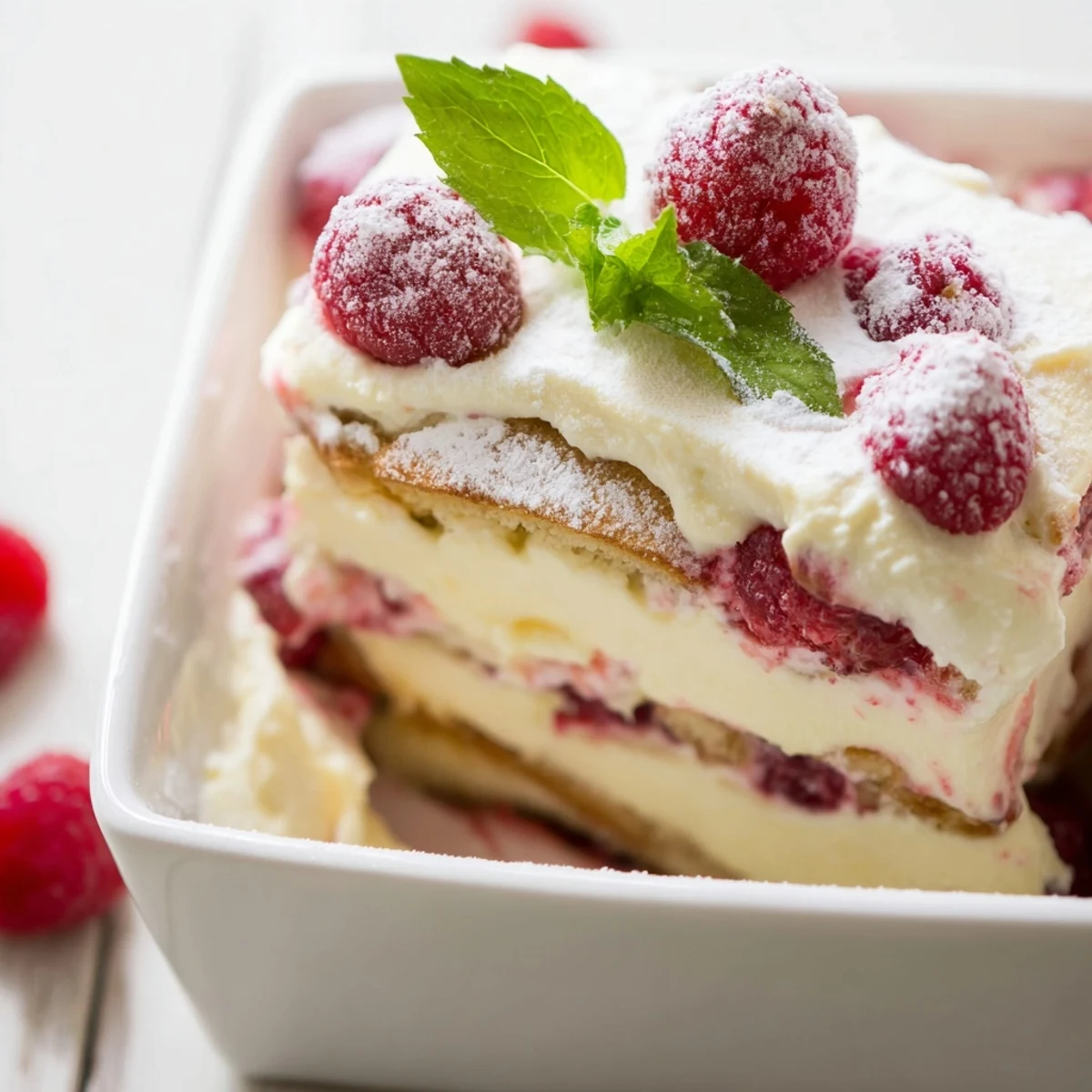 Layered raspberry tiramisu dessert with coffee-soaked ladyfingers and creamy mascarpone topped with fresh red berries