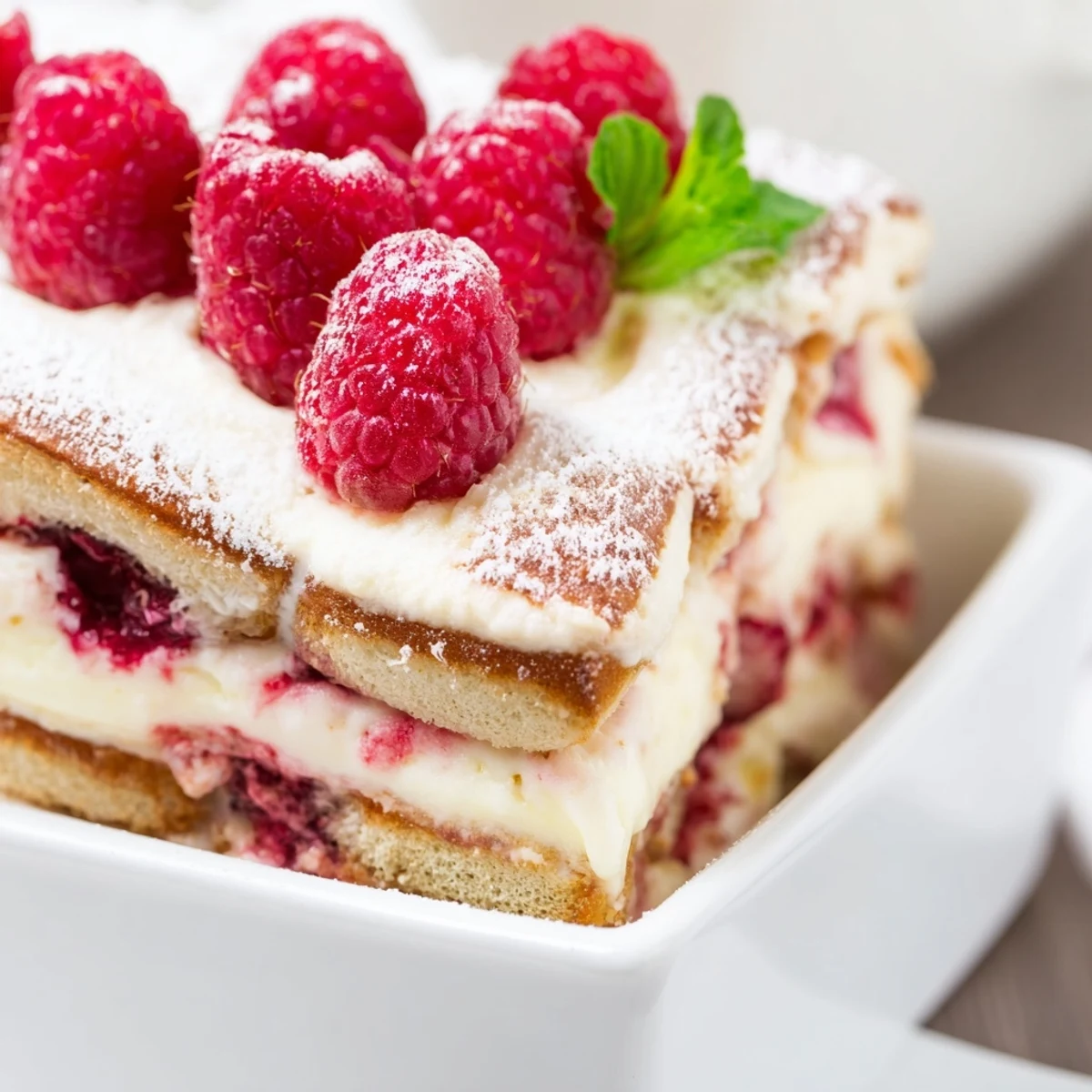 Homemade raspberry tiramisu slices displaying coffee-dipped ladyfingers mascarpone filling and garnish of fresh mint and raspberries