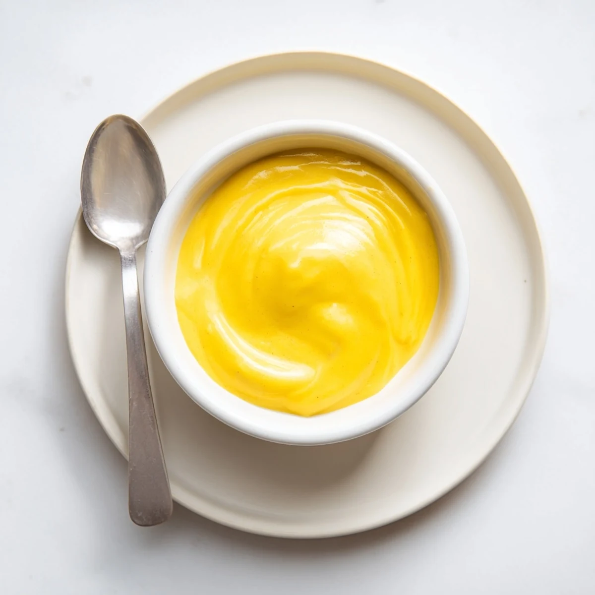 Bright yellow plant-based mango curd layered in a parfait glass with coconut yogurt