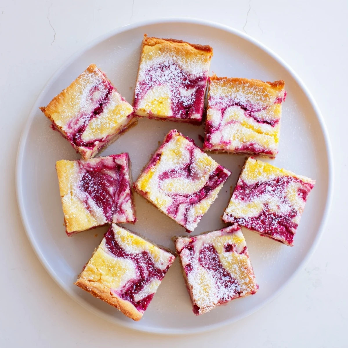 Golden lemon raspberry swirl bars with vibrant red raspberry ribbons swirled through tangy lemon curd on a buttery shortbread crust