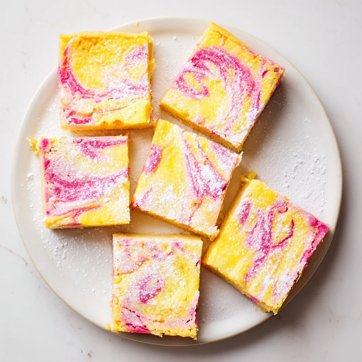 Sliced lemon raspberry swirl bars on a white plate with powdered sugar dusting and fresh raspberries as garnish