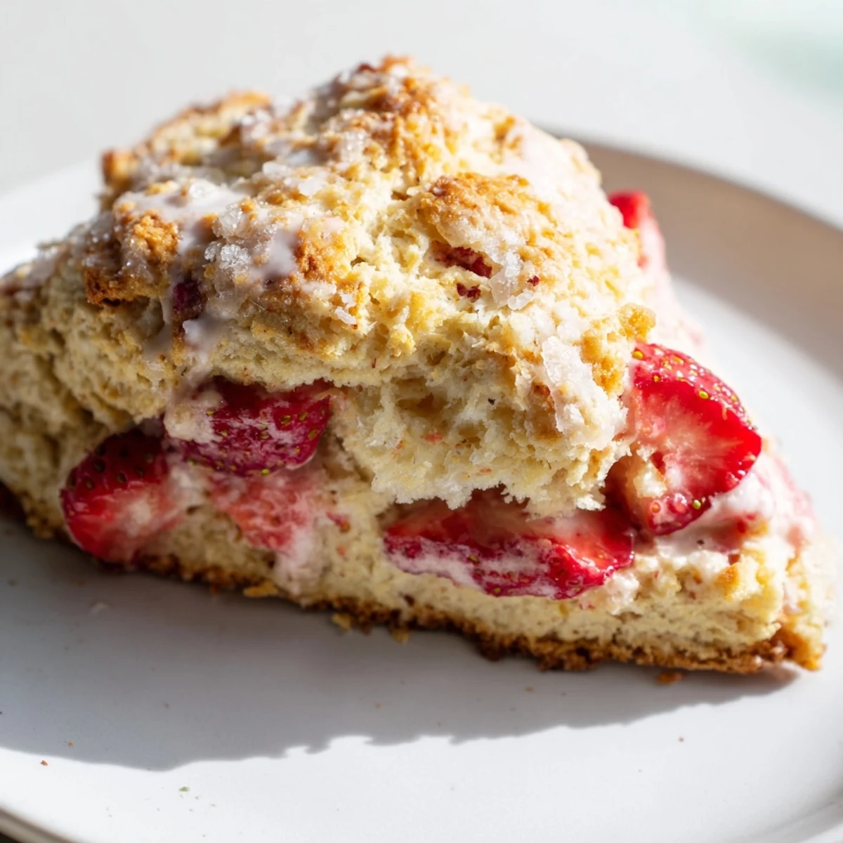 Golden strawberry scones topped with coarse sugar on a rustic wooden board