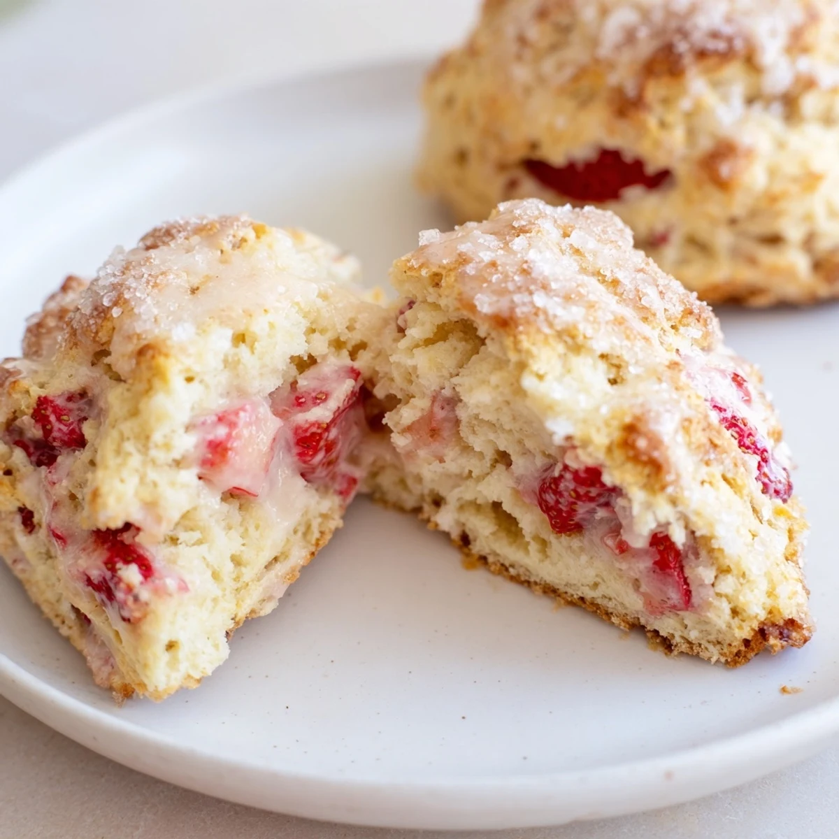 Fresh baked strawberry scones with red berry pieces on a white plate