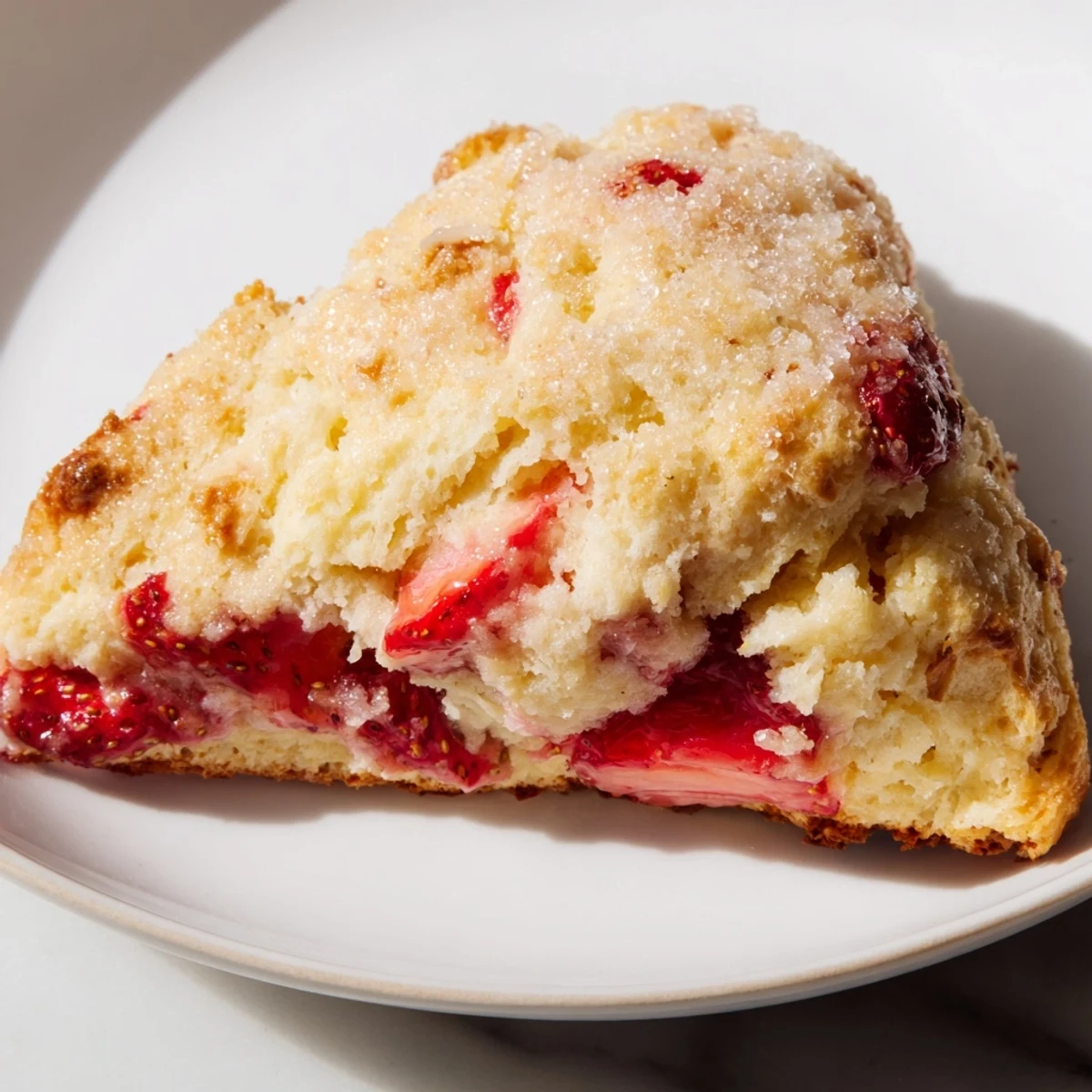 Tender buttery strawberry scones drizzled with clotted cream for breakfast
