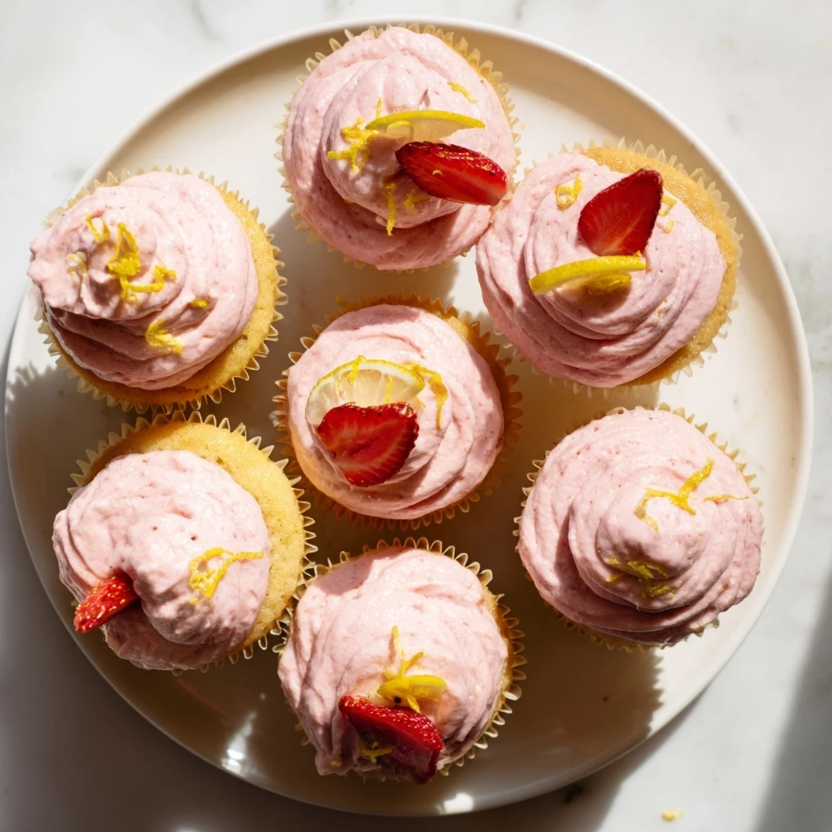Golden lemon cupcakes with fluffy pink strawberry buttercream frosting swirled on top