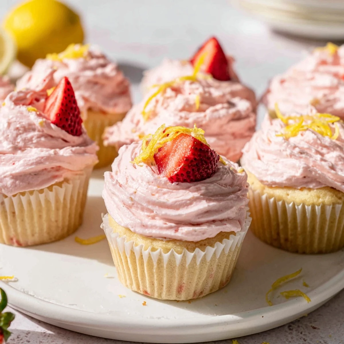 Bright lemon cupcakes crowned with creamy strawberry frosting on a white serving plate