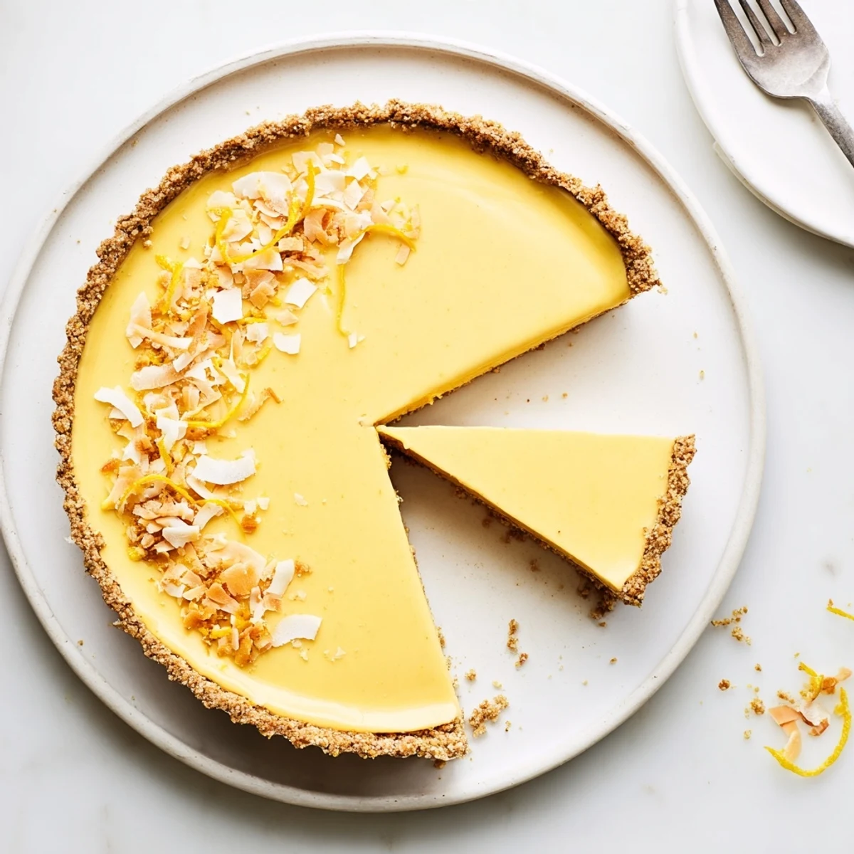Creamy no bake vegan lemon tart with golden crust and smooth bright yellow filling