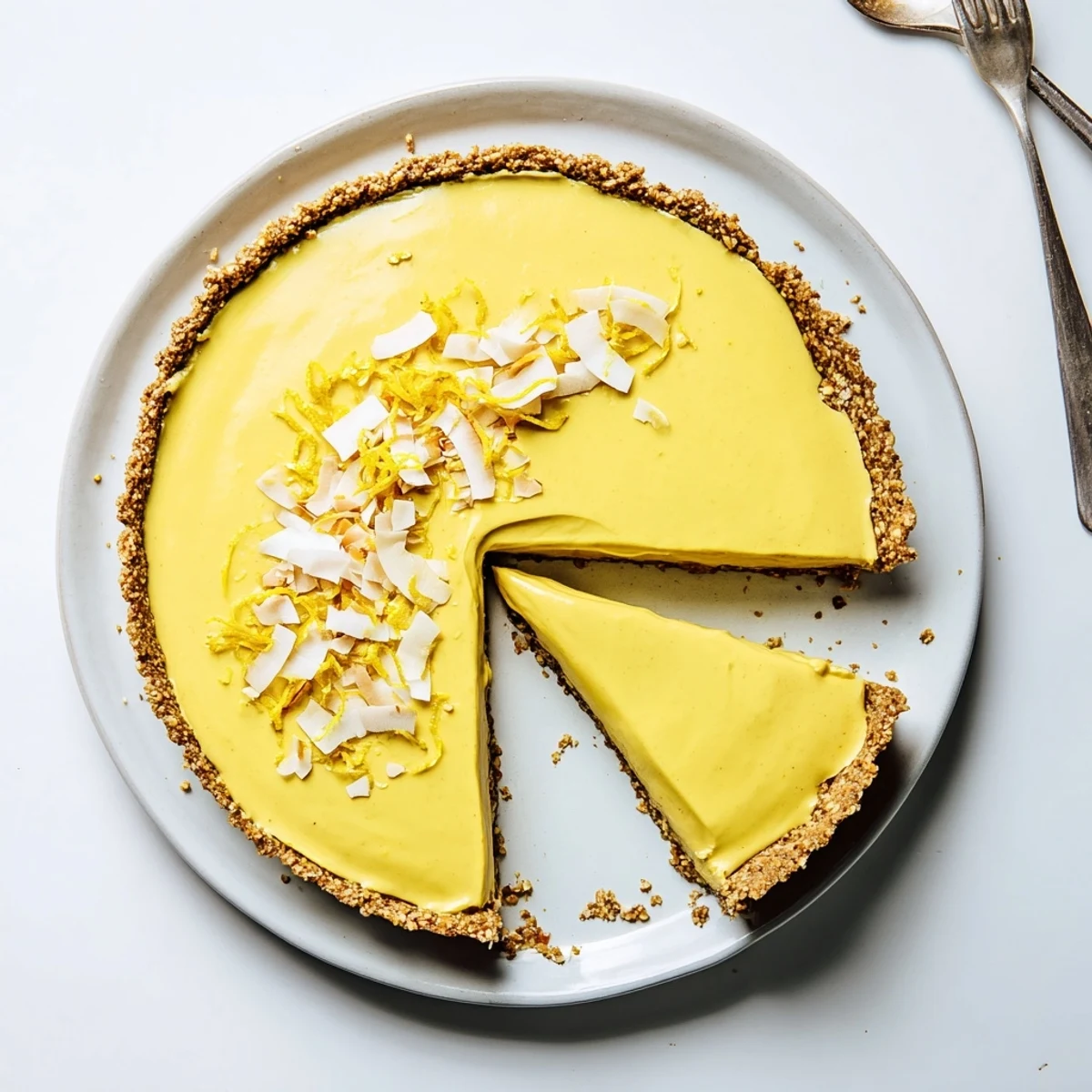 Sliced no bake vegan lemon tart showcasing luscious cashew coconut cream filling and crust