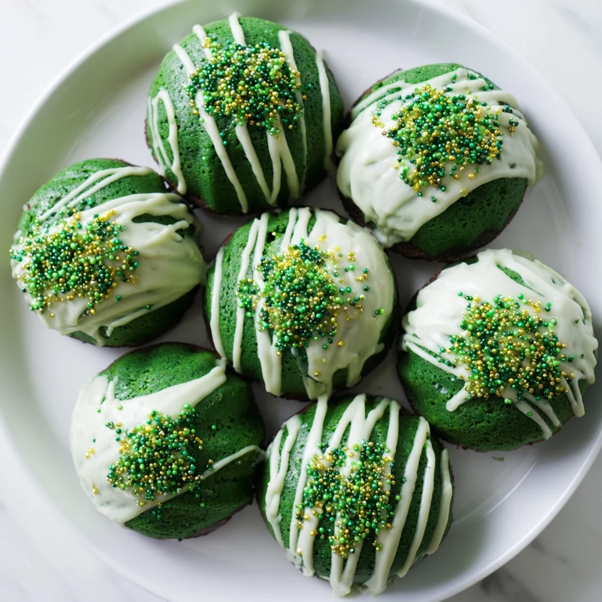 Vibrant green velvet mini bundt cakes drizzled with creamy vanilla glaze and festive sprinkles